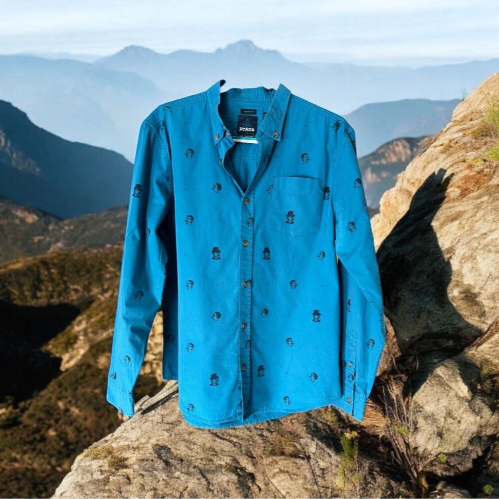 prana Men's Broderick Slim Fit Long Sleeve Button-Up Shirt Blue Large